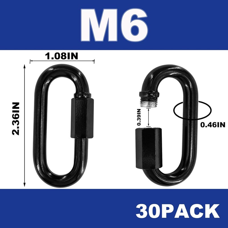 XHMAXE 50PCS 2.36 Inches Black Chain Links, M6 Screw Galvanized Steel Heavy Duty Quick Links, 1/4" Locking Carabiners for Connecting Hammock, Key Chain, Pet Leash,Gym,Camping 875 Lbs Capacity - Image 2